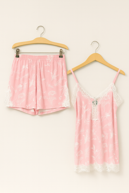 Pink Lace Stylish Lingerie Set (Camisole Top & Shorts)