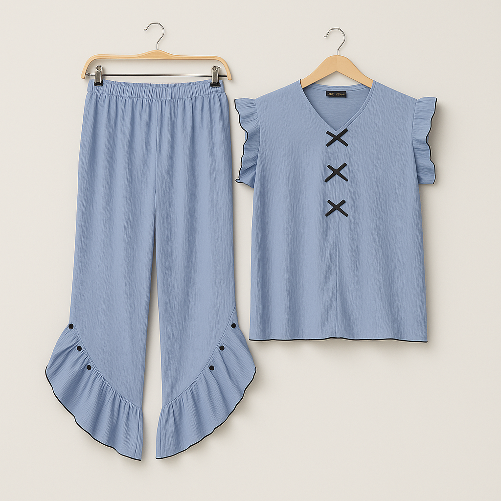 Blue Ruffle Elegance Night Suit