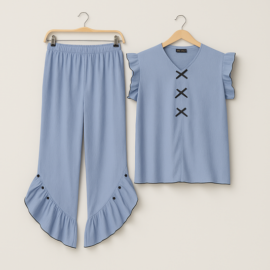 Blue Ruffle Elegance Night Suit