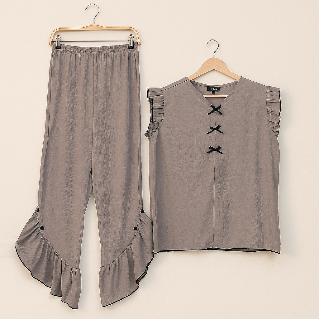 Taupe Brown Ruffle Elegance Night Suit