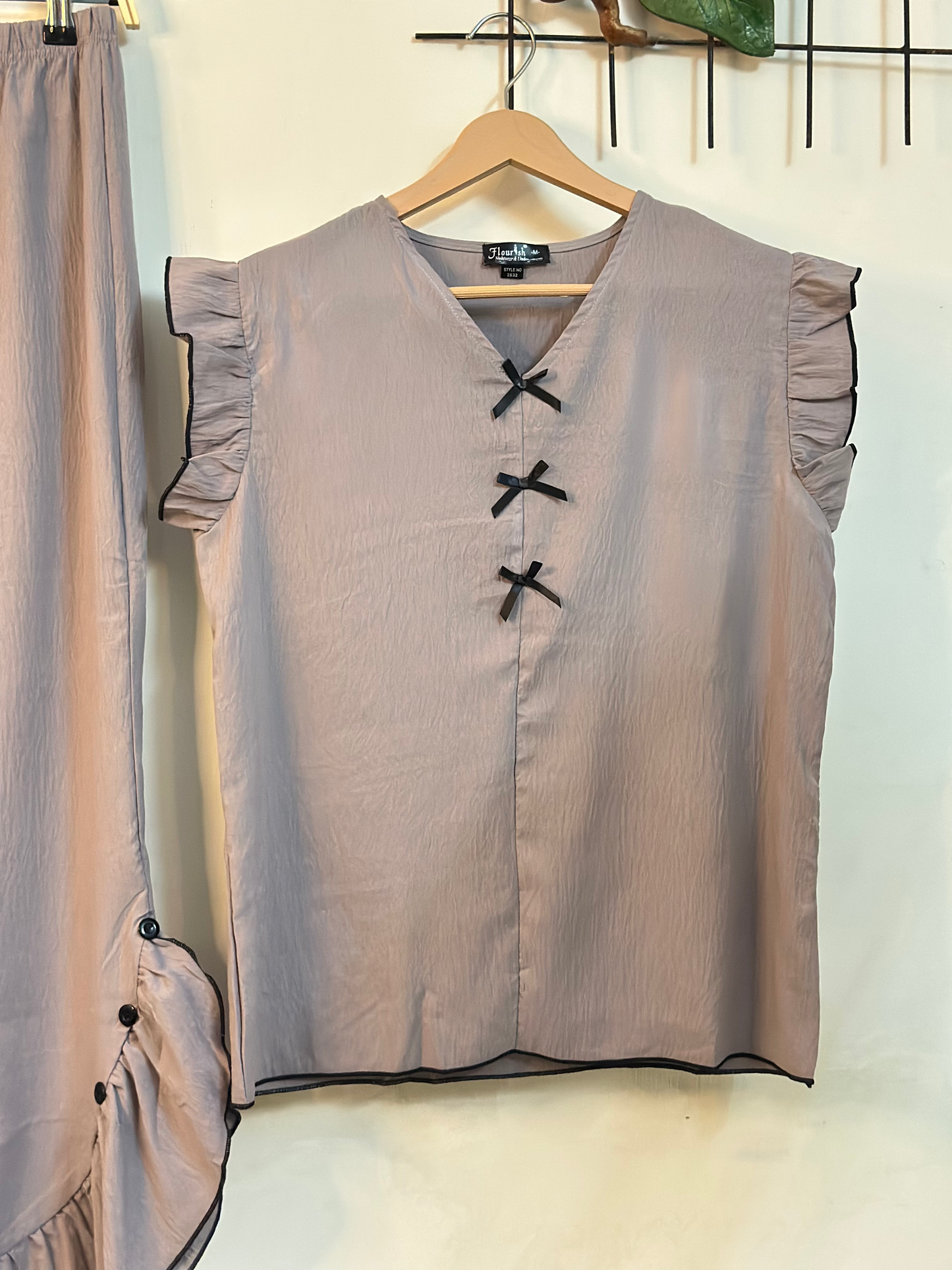 Taupe Brown Ruffle Elegance Night Suit