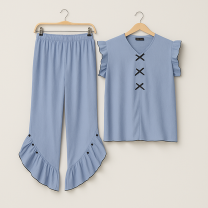 Blue Ruffle Elegance Night Suit