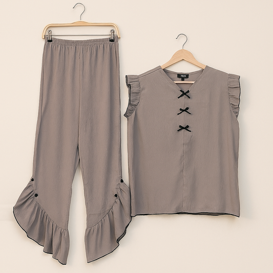 Taupe Brown Ruffle Elegance Night Suit